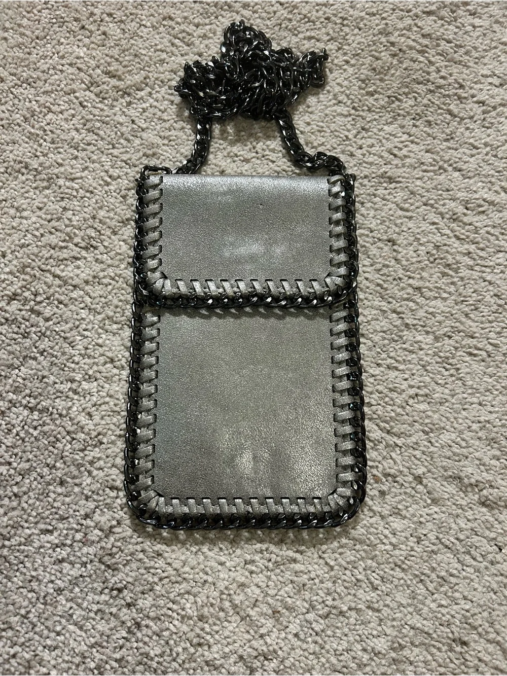 Chain-Trim Metallic Gray Gunmetal Crossbody Phone Bag